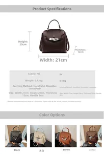 Detaillierte Grafik zeigt Maße und Farboptionen der kleinen Kelly-Stil PU-Leder Handtasche