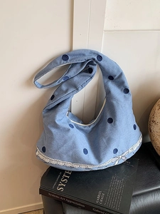 Sac à Épaule en Toile pour Femmes Grande Capacité Casual Denim Sac Cabas Avec Broderie à Pois Dentelle Nœud Décoration Sac Hobo