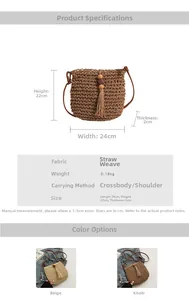 Tabella delle taglie e specifiche per la borsa a tracolla in paglia beige con nappe e decori