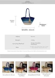 Tableau détaillé des tailles pour grand sac de plage tressé avec quatre options dégradées