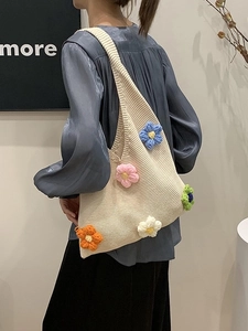 Floral knit tote bag with colorful 3D flowers and large capacity for summer daily use