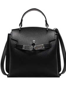 Klassische schwarze Kelly-Handtasche aus Leder mit Litschi-Muster und silbernem Drehverschluss