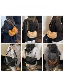 Collage of chic leather hobo bags in various colors shown on a model in urban settings