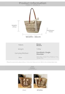 Size chart for summer straw tote bag with dimensions 38x27x11cm and lace bow detail