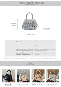Detailed size chart and multi-color options for the shell-shaped PU leather handbag