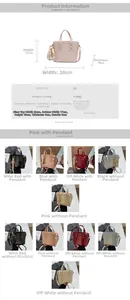 Size guide for PU leather bucket bag showing dimensions and multiple color options