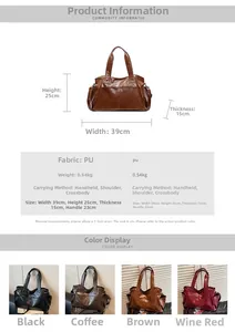 Detailed size chart and multi-color specifications for the large PU leather tote bag