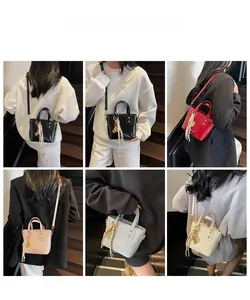 Collage of model carrying various colors of small crossbody bucket bags with tassel charms