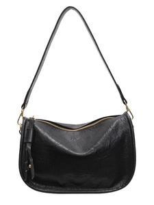 Vintage black wrinkled leather shoulder bag with gold hardware and stylish pillow shape