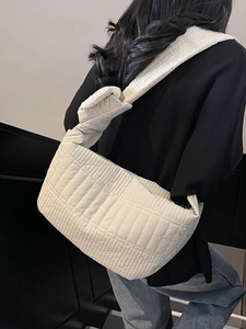Quilted nylon crescent hobo bag for women with padded knot shoulder strap in light beige