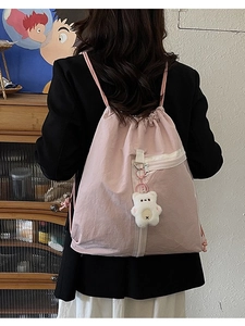 Pink drawstring canvas backpack with cute bear pendant for casual daily commuting