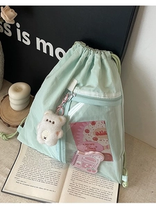 Mint green casual canvas drawstring backpack for women with cute bear pendant