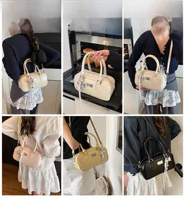 Collage of Boston handbag in beige, pink, yellow and black with woven rope charm