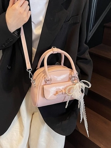 Women's Glossy PU Leather Bow Bowling Bag Sweet Artificial Pearl Lace Charm Mini Boston Handbag Crossbody Shoulder Bag For Daily Fashion
