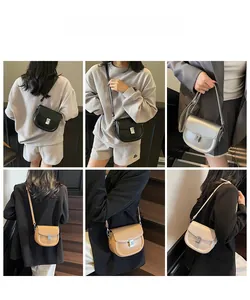 Multiple views of women saddle crossbody bag in black, silver, camel and beige colors