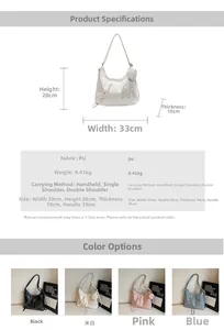 Detailed size specifications and color options for the large capacity PU tote shoulder bag