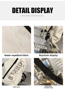 Detail view of waterproof fabric, checkerboard charm and adjustable strap on chest bag