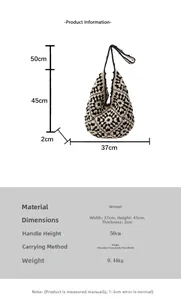 Detailed dimension chart for woven crochet tote bag showing size measurements and specs