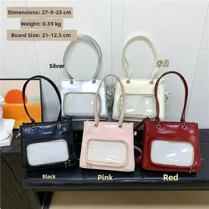 Five assorted colors of glossy ita bags with clear display windows for badges