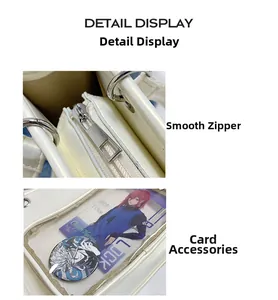 Detail of white PU leather bag with smooth metal zipper and transparent display window