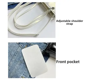 Detail view of the adjustable shoulder strap and front insert panel on the tote bag