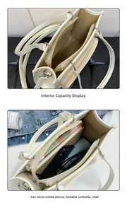 Detailed internal compartments of off-white tote bag showing large storage capacity