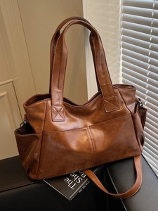 Large Capacity PU Leather Tote Bag For Women Retro Fashion Shoulder Crossbody Bag With Side Pockets Commuting Handbag