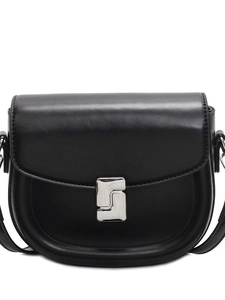 Classic black leather saddle bag with distinctive silver geometric metal clasp and strap
