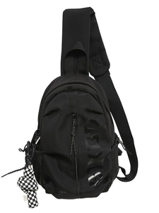 Large capacity black chest bag with BXBD logo and checkerboard plush pendant on white background