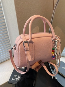 Women Fashion Litchi Pattern PU Leather Boston Bag Trendy Pillow Crossbody Shoulder Handbag With Decorative Bead Pendant