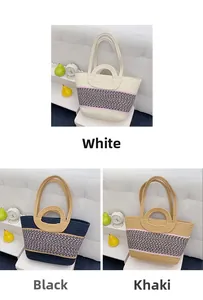 Detailed comparison of woven tote bags in white, black and khaki with round handles