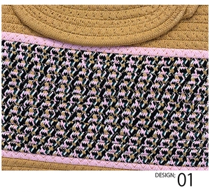 Macro shot of natural woven straw texture with colorful pink geometric ribbon detail