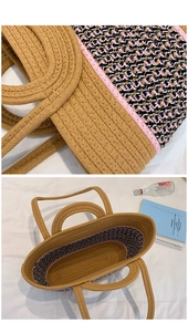 Detailed macro view of straw woven texture and dual handle design of this summer tote