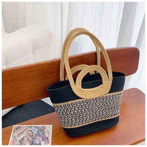 Close-up of woven texture on beach tote bag with brown ring handles and shoulder straps