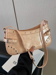 Sac à Bandoulière Vintage en Cuir PU pour Femmes Petit Sac Baguette Y2K avec Rivets et Boucle pour Quotidien