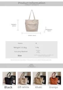 Tableau des tailles et vue multi-couleurs pour ce grand sac fourre-tout en toile