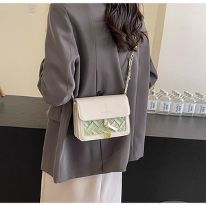 Détail du sac bandoulière en cuir PU beige, tissage vert et bandoulière chaîne dorée