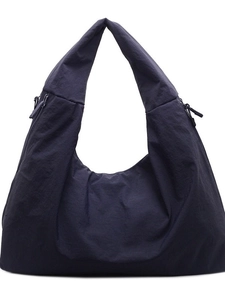 Large capacity navy blue nylon tote bag with minimalist crescent design on white background