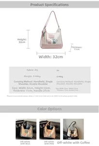 Detailed chart showing 32x32x11cm dimensions and cute cat design on large PU tote bag