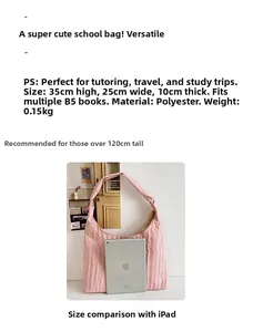 Detailed view of pink pleated shoulder bag showing size capacity for B5 books and iPad