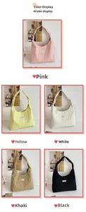 Detailed color display of large pleated fabric tote bags in pink, white, and black