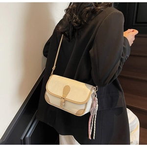Detail of trendy color-block crossbody bag with fringe tassel and metallic buckle