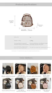 Detailed size chart and multi-color options for printed mini PU leather backpack