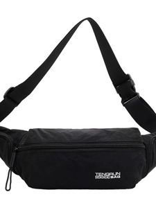 Sac de poitrine sport noir avec sangle ajustable et texte blanc sur texture en nylon