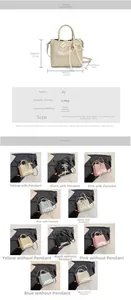 Detailed view of bucket bag dimensions and various color options with ribbon charm