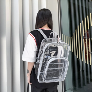 Detail of transparent PVC backpack with grey straps showing large capacity and mesh pockets