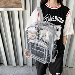 Detailed view of clear PVC backpack with grey trim and front pocket organization