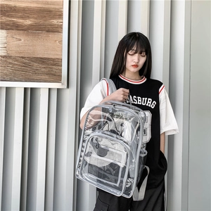 Detailed back view of transparent PVC backpack showing large capacity and grey trim