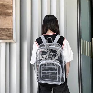 Transparent PVC backpack worn by model, showing waterproof gray trim and mesh pockets