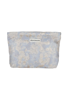 Blue and brown jacquard canvas makeup bag with cloud pattern and zipper closure